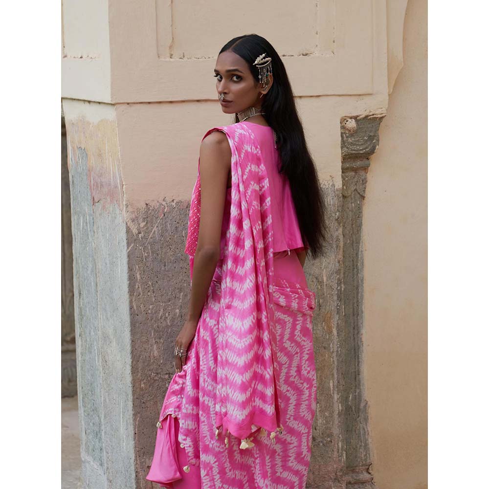 PINK CITY BY SARIKA Pink Printed Mekhla Top with Skirt Attached Draped Dupatta (Set of 2)