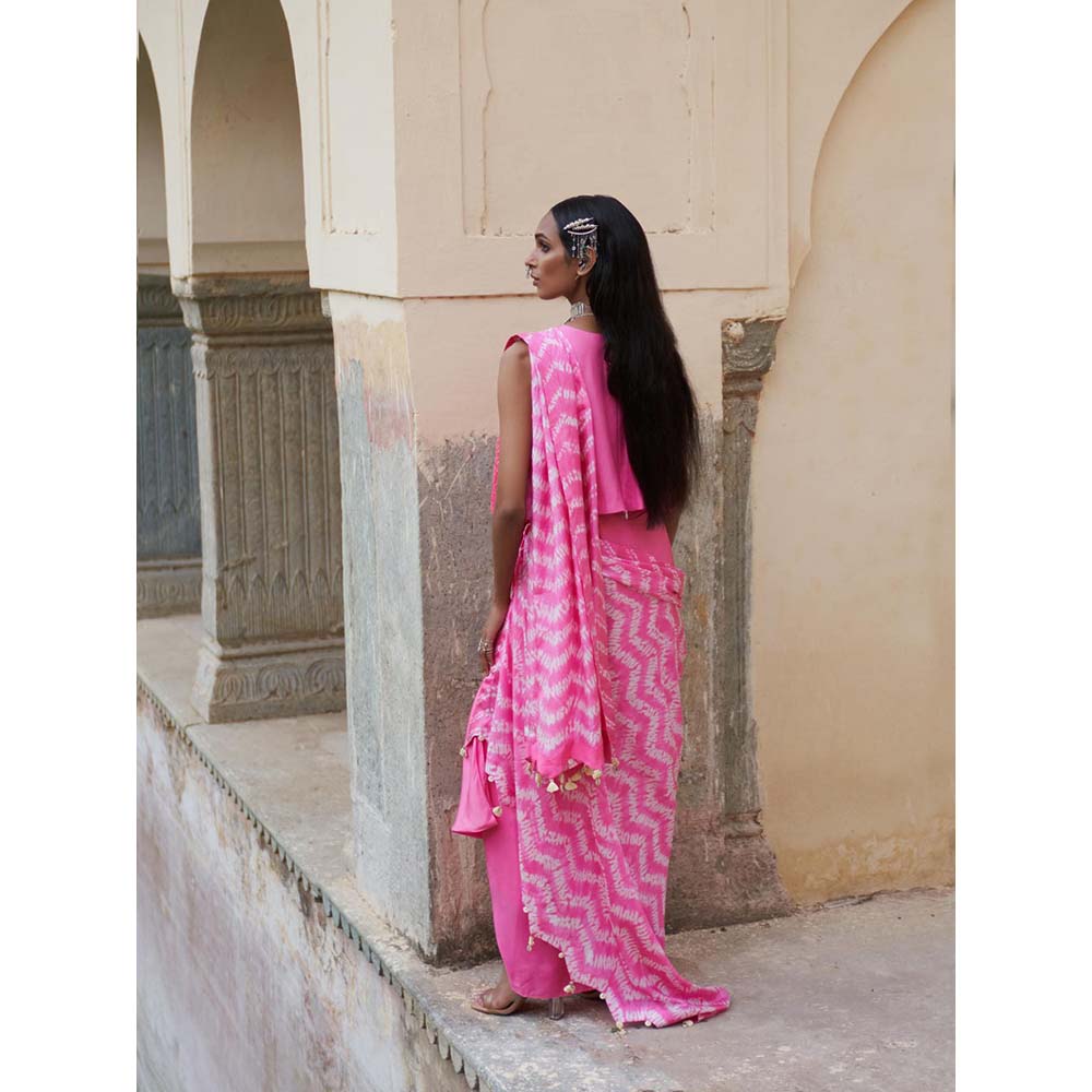 PINK CITY BY SARIKA Pink Printed Mekhla Top with Skirt Attached Draped Dupatta (Set of 2)