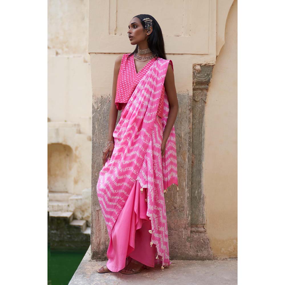 PINK CITY BY SARIKA Pink Printed Mekhla Top with Skirt Attached Draped Dupatta (Set of 2)