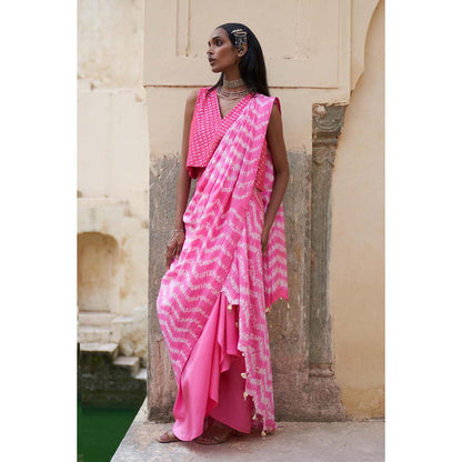 PINK CITY BY SARIKA Pink Printed Mekhla Top with Skirt Attached Draped Dupatta (Set of 2)