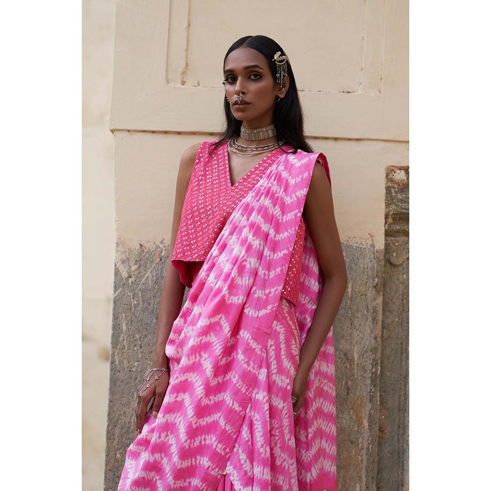 PINK CITY BY SARIKA Pink Printed Mekhla Top with Skirt Attached Draped Dupatta (Set of 2)