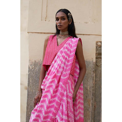 PINK CITY BY SARIKA Pink Printed Mekhla Top with Skirt Attached Draped Dupatta (Set of 2)