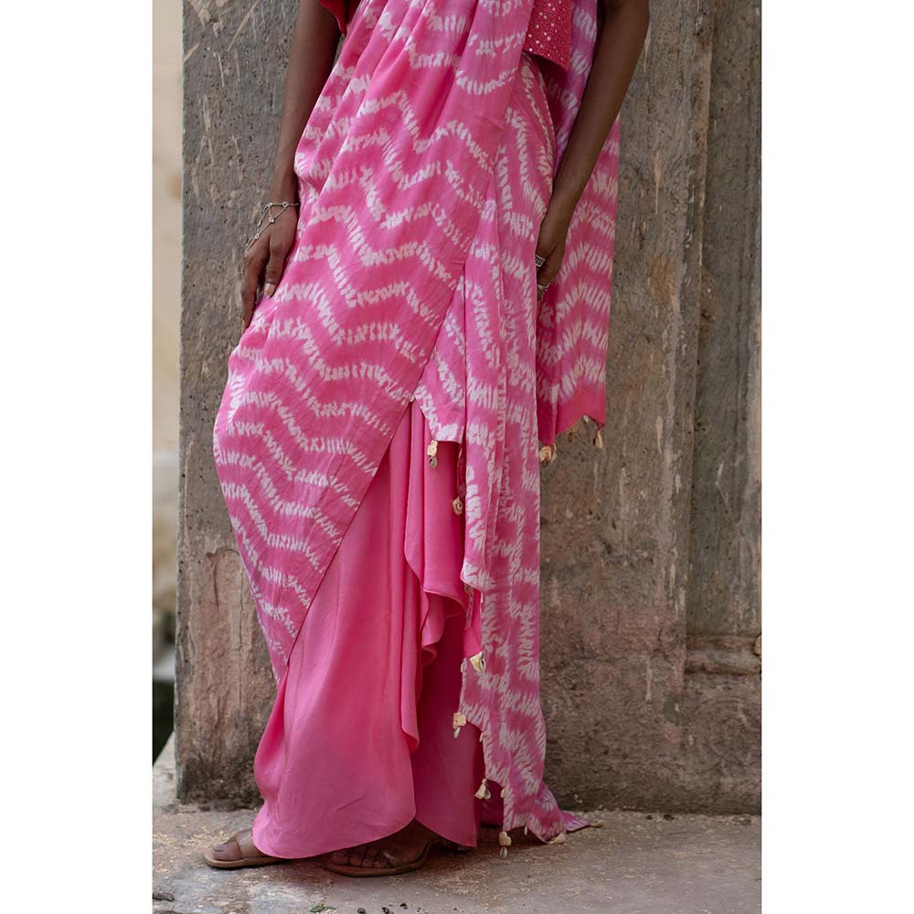 PINK CITY BY SARIKA Pink Printed Mekhla Top with Skirt Attached Draped Dupatta (Set of 2)