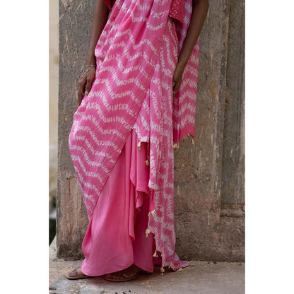 PINK CITY BY SARIKA Pink Printed Mekhla Top with Skirt Attached Draped Dupatta (Set of 2)