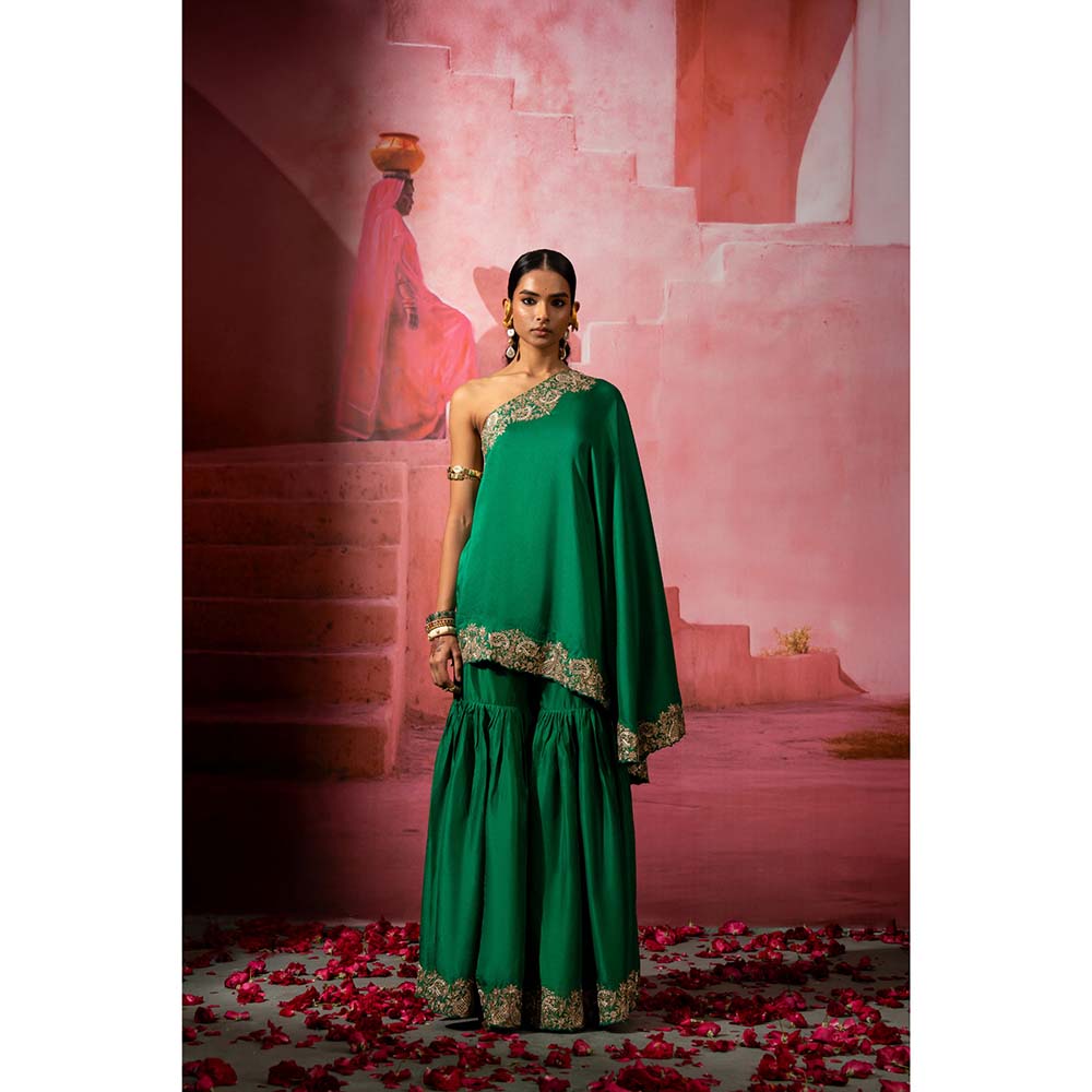 PINK CITY BY SARIKA Green Kairi Off Shoulder Kurta and Sharara (Set of 2)