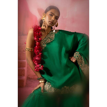 PINK CITY BY SARIKA Green Kairi Off Shoulder Kurta and Sharara (Set of 2)