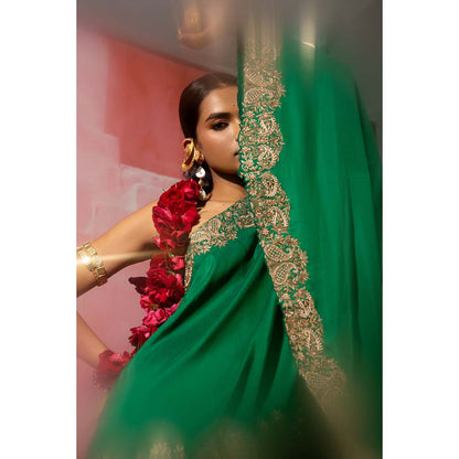 PINK CITY BY SARIKA Green Kairi Off Shoulder Kurta and Sharara (Set of 2)