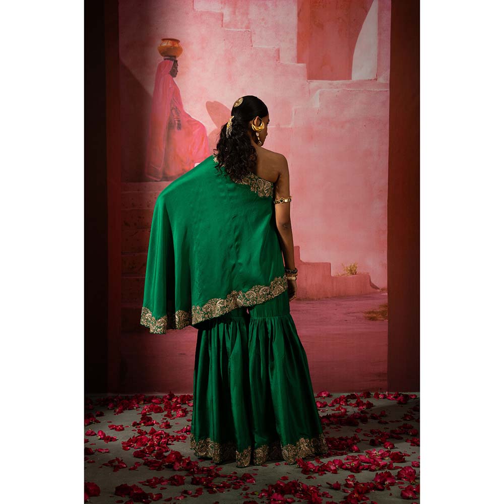 PINK CITY BY SARIKA Green Kairi Off Shoulder Kurta and Sharara (Set of 2)