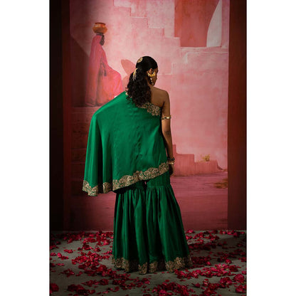 PINK CITY BY SARIKA Green Kairi Off Shoulder Kurta and Sharara (Set of 2)