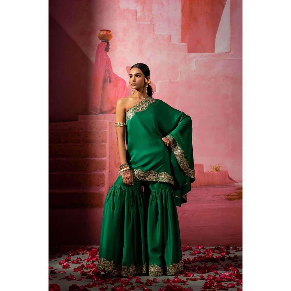 PINK CITY BY SARIKA Green Kairi Off Shoulder Kurta and Sharara (Set of 2)