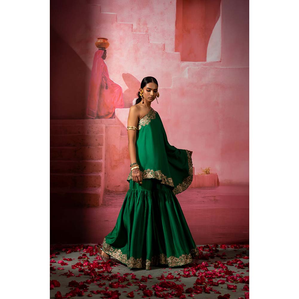PINK CITY BY SARIKA Green Kairi Off Shoulder Kurta and Sharara (Set of 2)