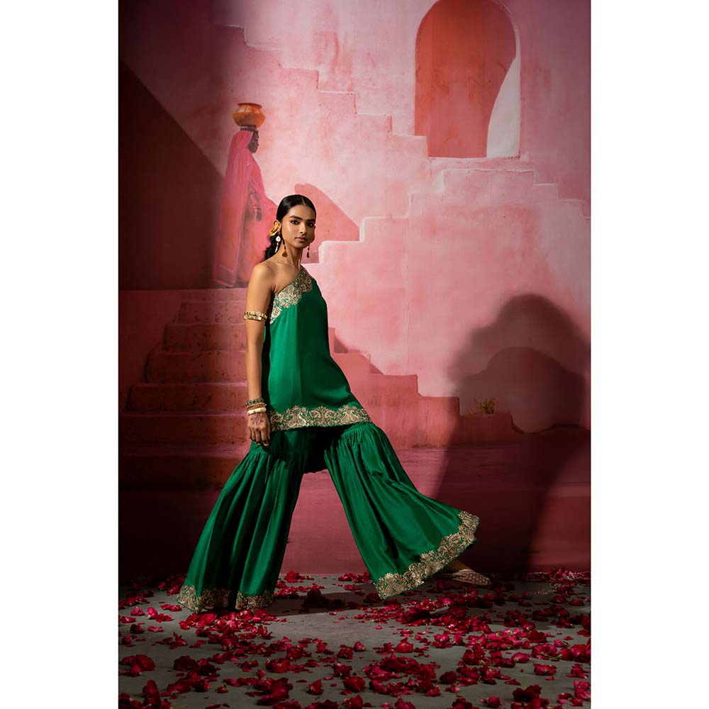 PINK CITY BY SARIKA Green Kairi Off Shoulder Kurta and Sharara (Set of 2)