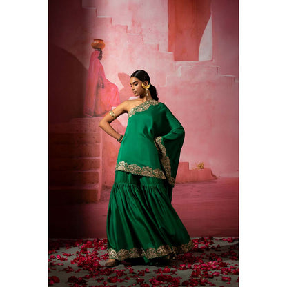 PINK CITY BY SARIKA Green Kairi Off Shoulder Kurta and Sharara (Set of 2)