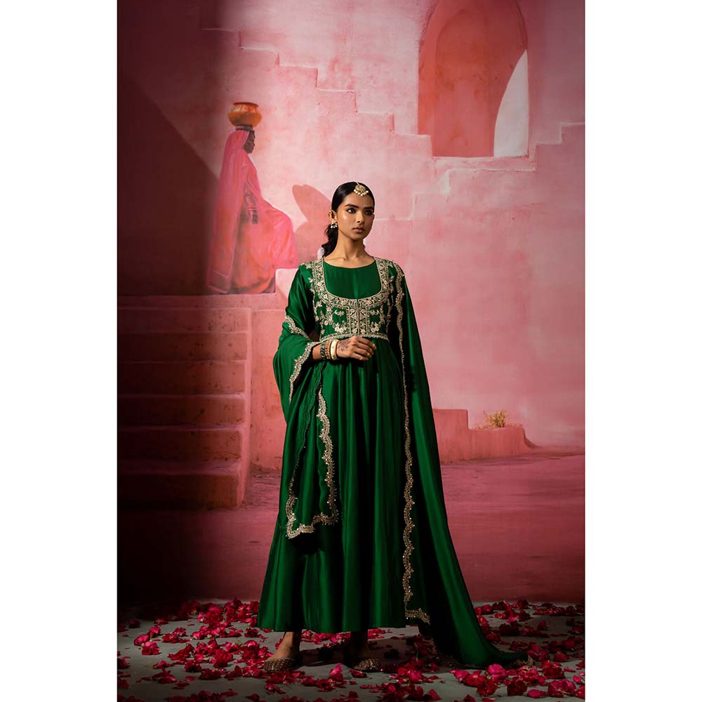 PINK CITY BY SARIKA Green Jodha Embroidered Jacket with Anarkali and Dupatta (Set of 3)