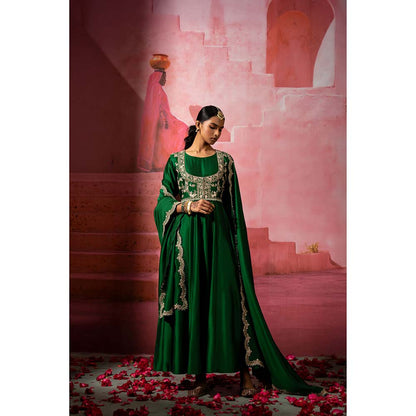 PINK CITY BY SARIKA Green Jodha Embroidered Jacket with Anarkali and Dupatta (Set of 3)