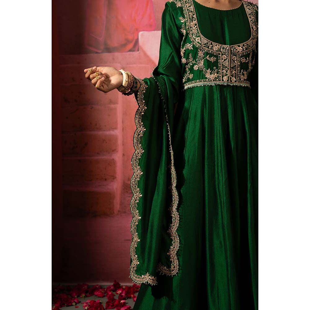 PINK CITY BY SARIKA Green Jodha Embroidered Jacket with Anarkali and Dupatta (Set of 3)