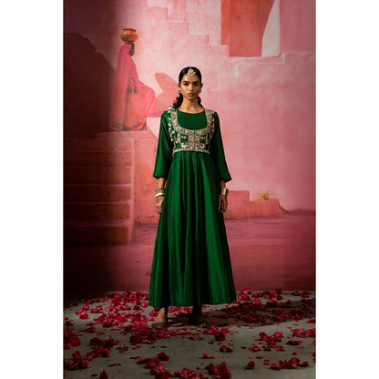 PINK CITY BY SARIKA Green Jodha Embroidered Jacket with Anarkali and Dupatta (Set of 3)