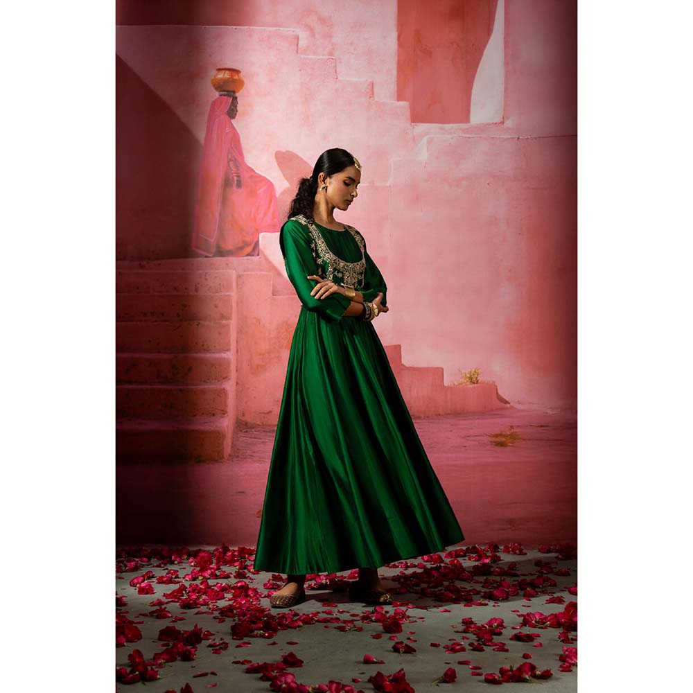 PINK CITY BY SARIKA Green Jodha Embroidered Jacket with Anarkali and Dupatta (Set of 3)