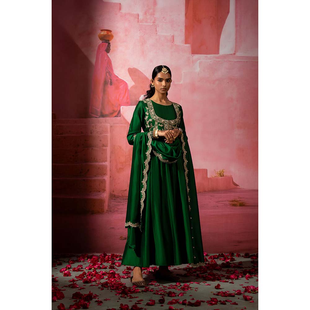 PINK CITY BY SARIKA Green Jodha Embroidered Jacket with Anarkali and Dupatta (Set of 3)