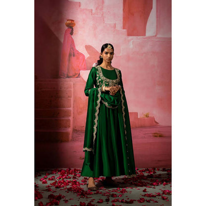 PINK CITY BY SARIKA Green Jodha Embroidered Jacket with Anarkali and Dupatta (Set of 3)