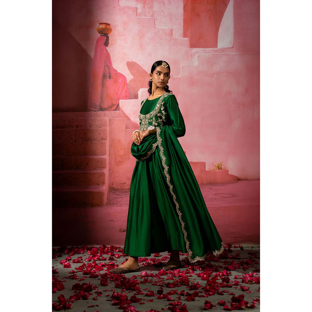 PINK CITY BY SARIKA Green Jodha Embroidered Jacket with Anarkali and Dupatta (Set of 3)