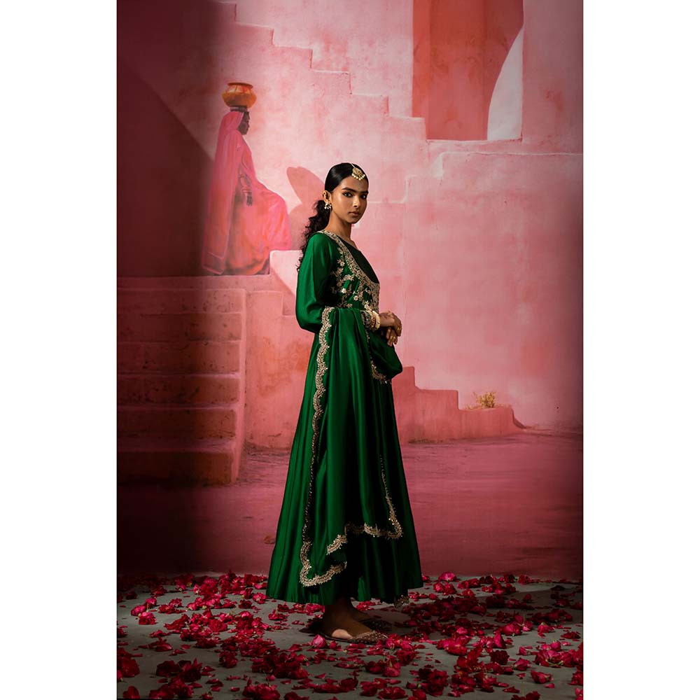 PINK CITY BY SARIKA Green Jodha Embroidered Jacket with Anarkali and Dupatta (Set of 3)