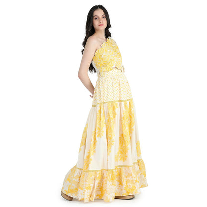 Pinnacle By Shruti Sancheti Bone Floral Printed Skirt with Floral Embroidered Top (Set of 2)