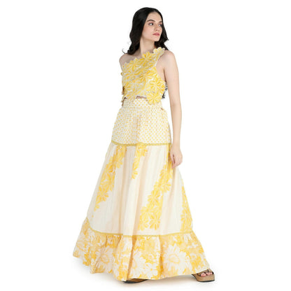 Pinnacle By Shruti Sancheti Bone Floral Printed Skirt with Floral Embroidered Top (Set of 2)