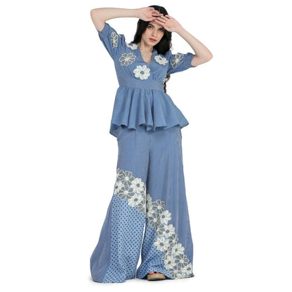 Pinnacle By Shruti Sancheti Blue Printed and Embroidered Peplum Top with Palazzo (Set of 2)