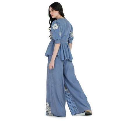 Pinnacle By Shruti Sancheti Blue Printed and Embroidered Peplum Top with Palazzo (Set of 2)