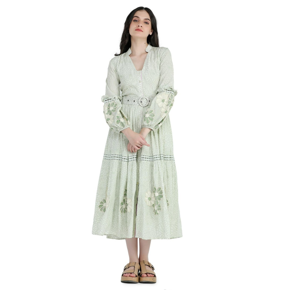 Pinnacle By Shruti Sancheti Mint Green Printed and Embroidered Dress with Belt (Set of 2)