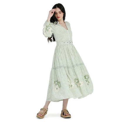 Pinnacle By Shruti Sancheti Mint Green Printed and Embroidered Dress with Belt (Set of 2)