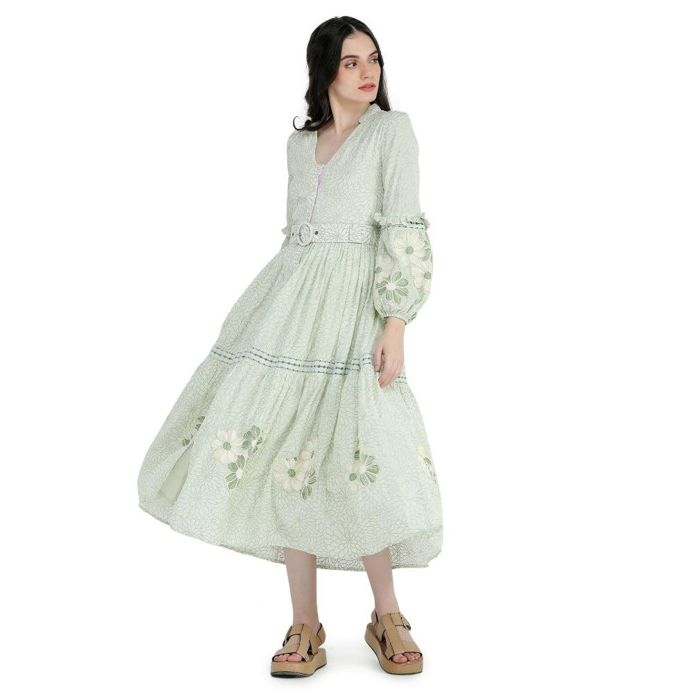 Pinnacle By Shruti Sancheti Mint Green Printed and Embroidered Dress with Belt (Set of 2)