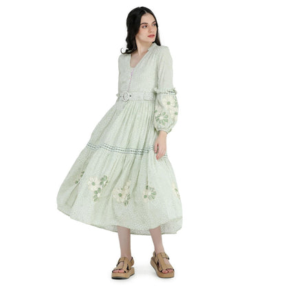Pinnacle By Shruti Sancheti Mint Green Printed and Embroidered Dress with Belt (Set of 2)