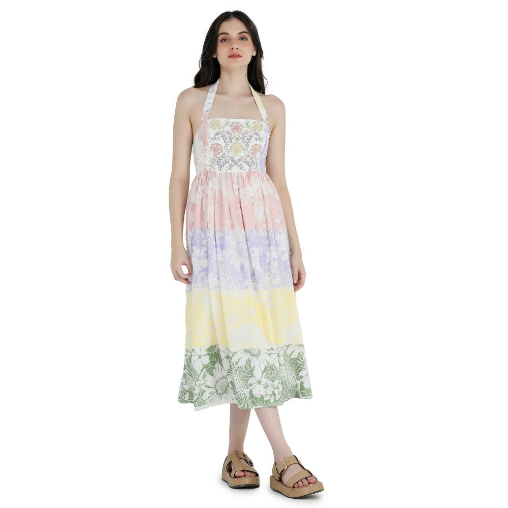 Pinnacle By Shruti Sancheti White Halter Neck Printed and Embroidered Midi Dress