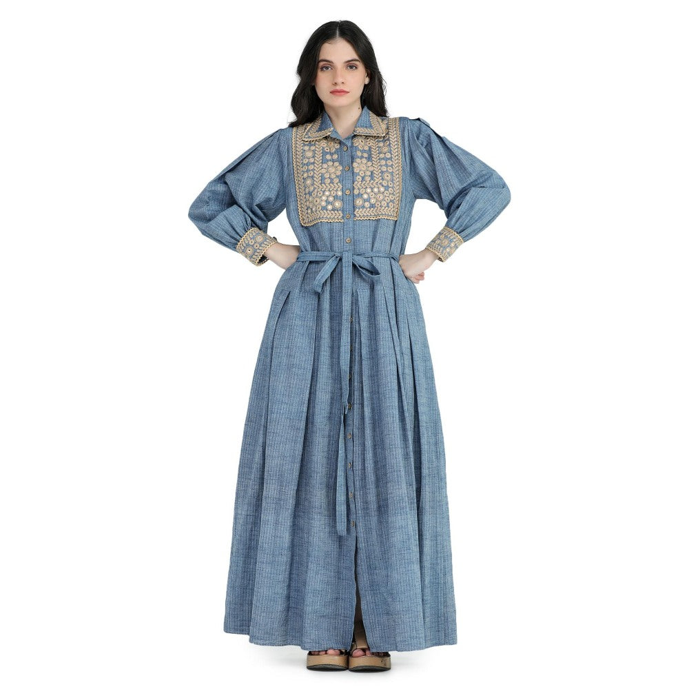 Pinnacle By Shruti Sancheti Blue Khadi Embroidered Shirt Maxi Dress with Sash Belt (Set of 2)