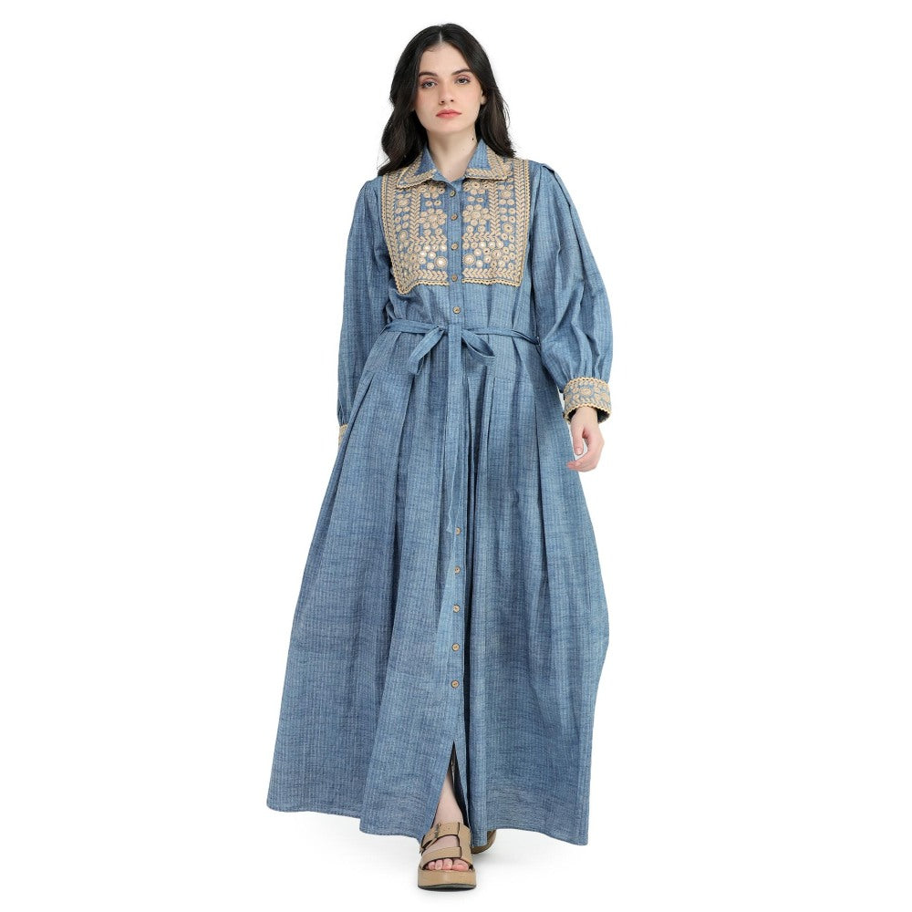 Pinnacle By Shruti Sancheti Blue Khadi Embroidered Shirt Maxi Dress with Sash Belt (Set of 2)