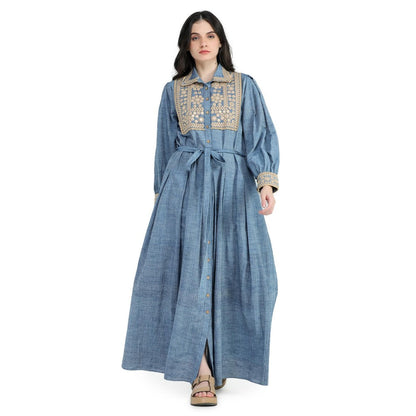 Pinnacle By Shruti Sancheti Blue Khadi Embroidered Shirt Maxi Dress with Sash Belt (Set of 2)