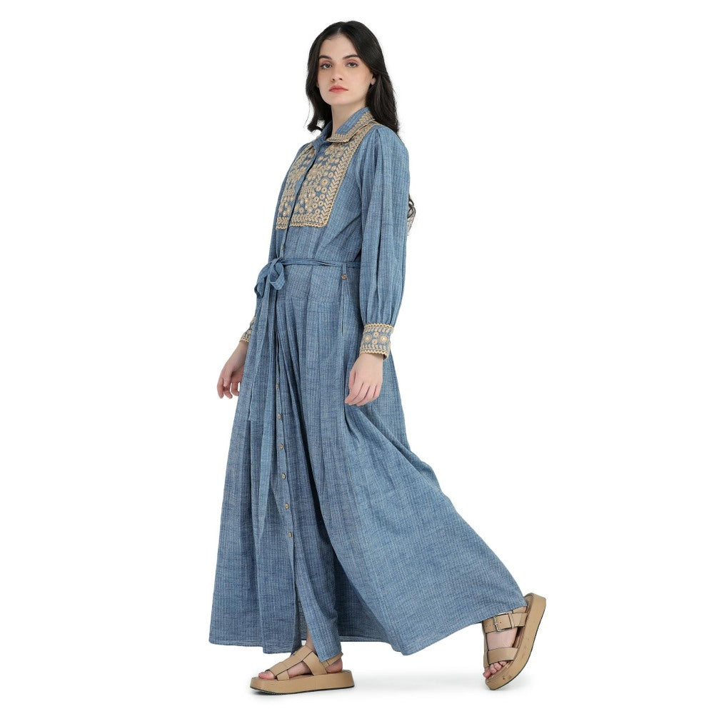 Pinnacle By Shruti Sancheti Blue Khadi Embroidered Shirt Maxi Dress with Sash Belt (Set of 2)