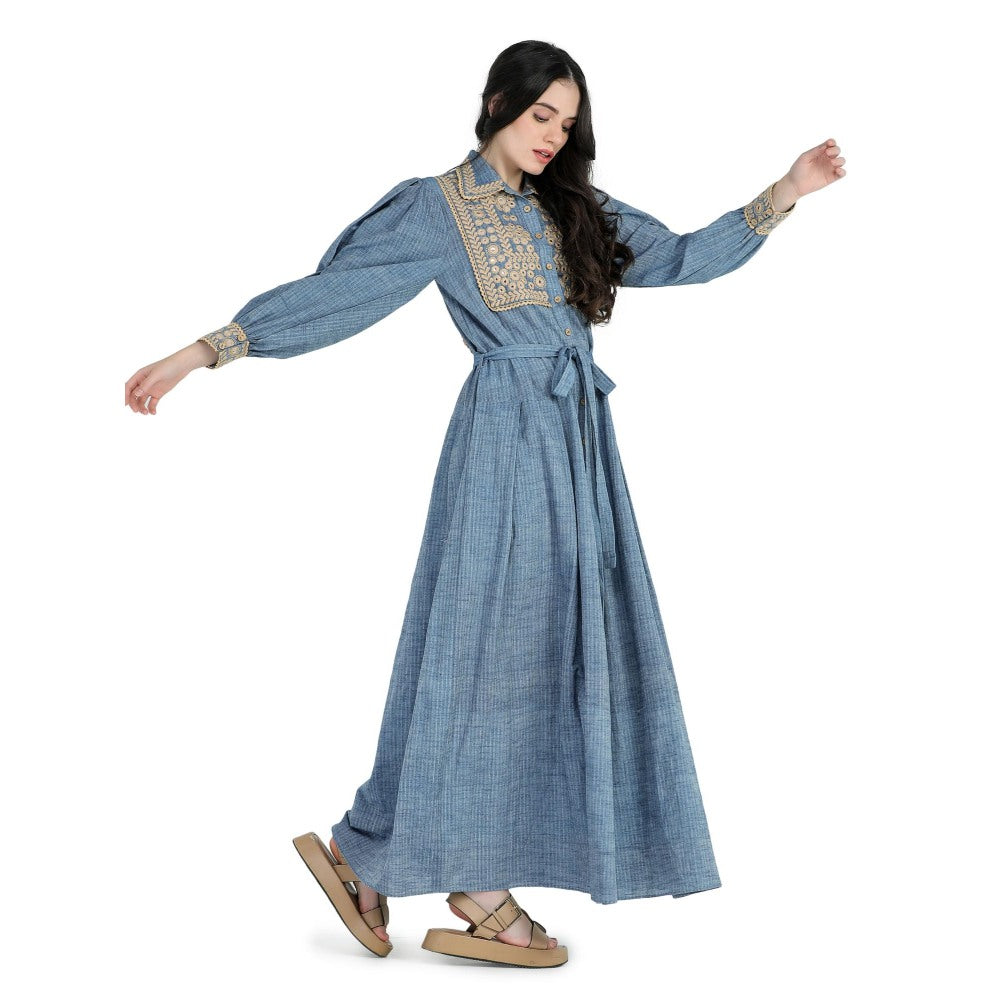 Pinnacle By Shruti Sancheti Blue Khadi Embroidered Shirt Maxi Dress with Sash Belt (Set of 2)
