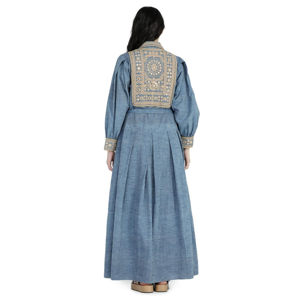 Pinnacle By Shruti Sancheti Blue Khadi Embroidered Shirt Maxi Dress with Sash Belt (Set of 2)