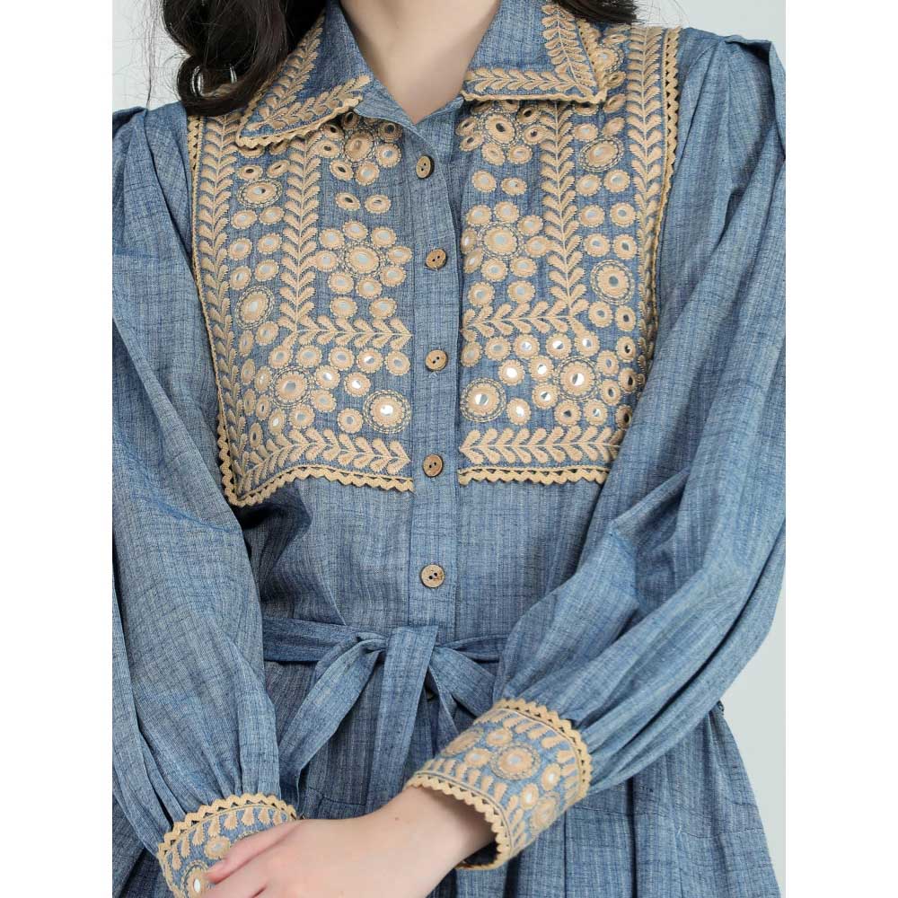 Pinnacle By Shruti Sancheti Blue Khadi Embroidered Shirt Maxi Dress with Sash Belt (Set of 2)