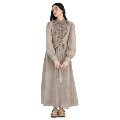 Pinnacle By Shruti Sancheti Beige Khadi Embroidered Shirt Dress with Sash Belt (Set of 2)