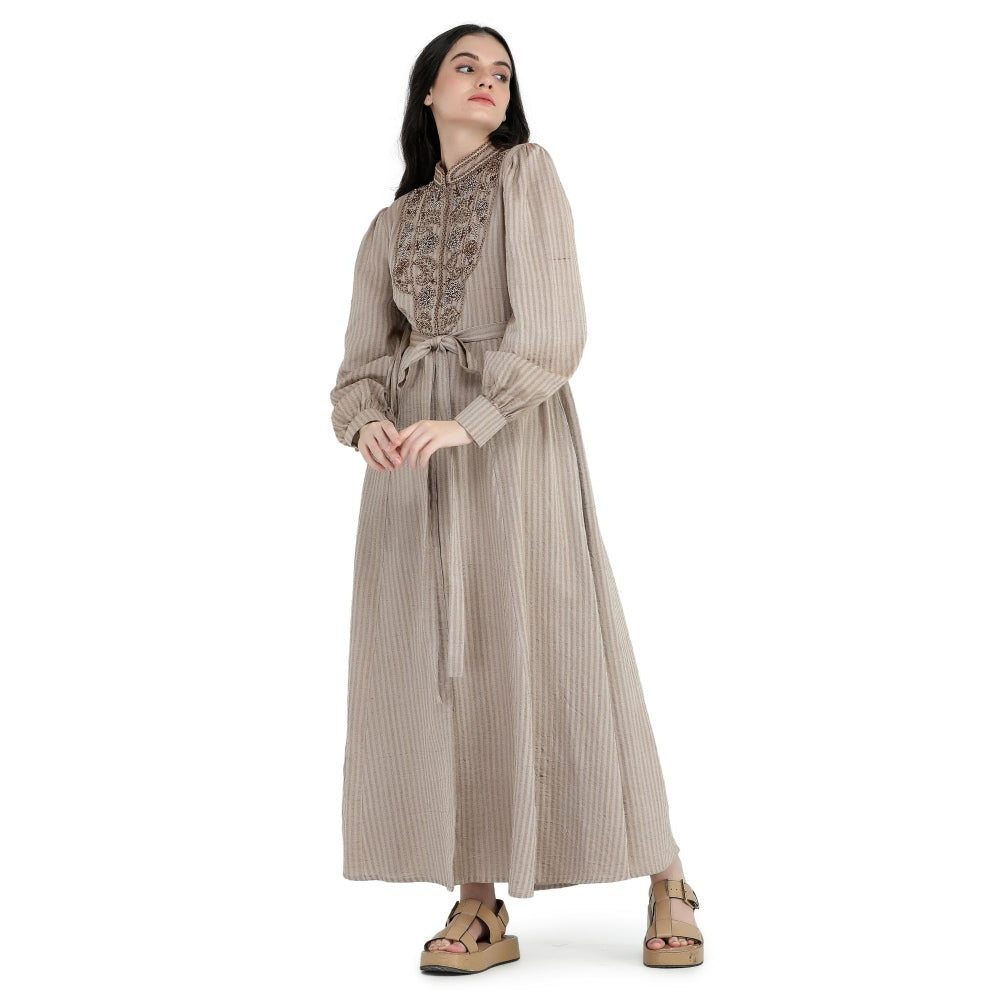 Pinnacle By Shruti Sancheti Beige Khadi Embroidered Shirt Dress with Sash Belt (Set of 2)