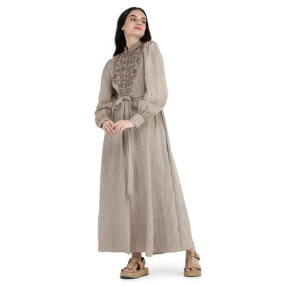 Pinnacle By Shruti Sancheti Beige Khadi Embroidered Shirt Dress with Sash Belt (Set of 2)