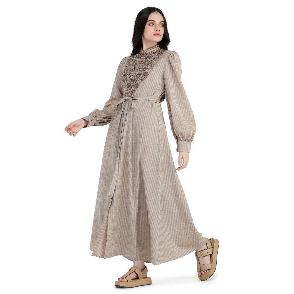Pinnacle By Shruti Sancheti Beige Khadi Embroidered Shirt Dress with Sash Belt (Set of 2)