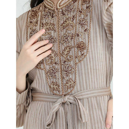 Pinnacle By Shruti Sancheti Beige Khadi Embroidered Shirt Dress with Sash Belt (Set of 2)