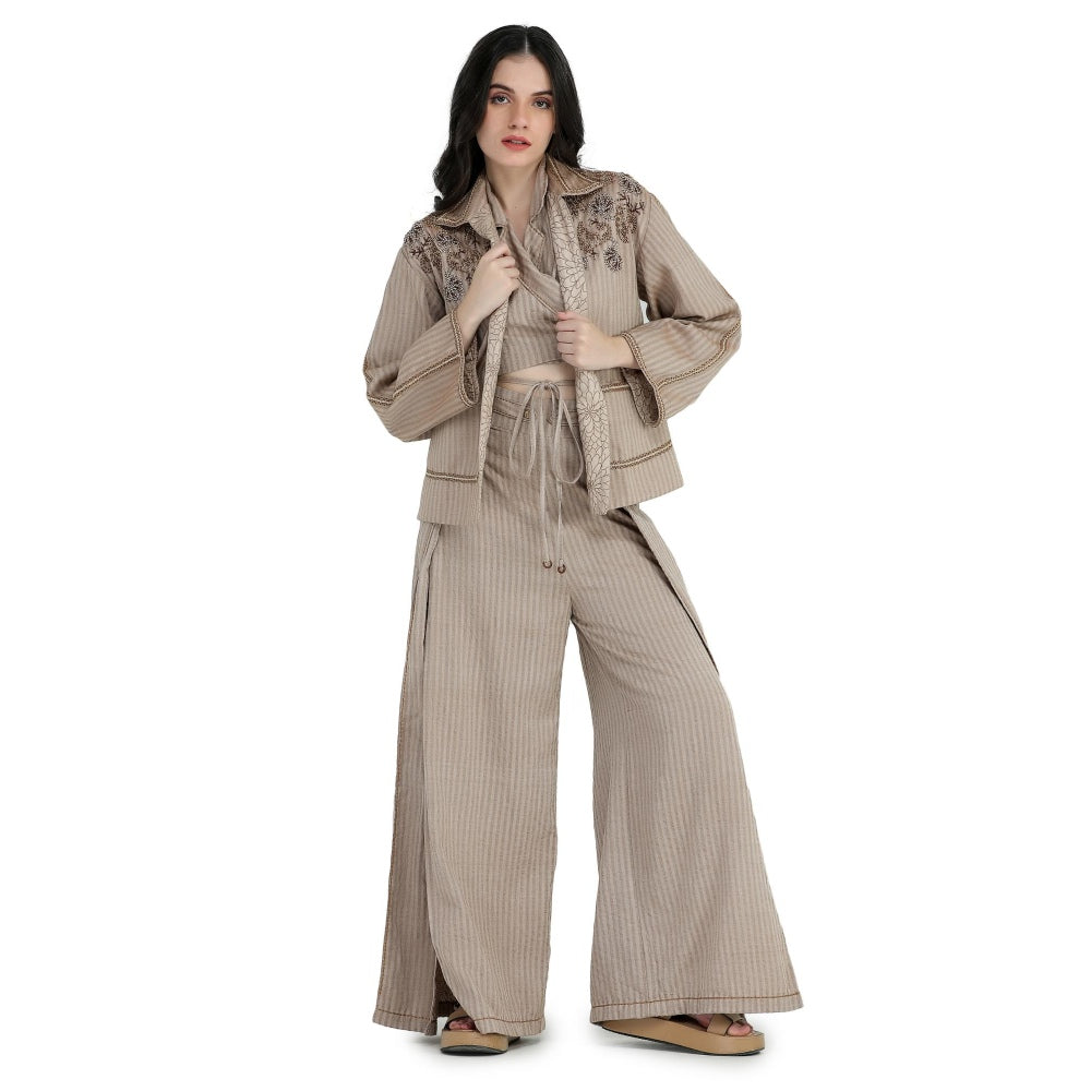 Pinnacle By Shruti Sancheti Beige Khadi and Jacket with Top, Slit Pant (Set of 3)