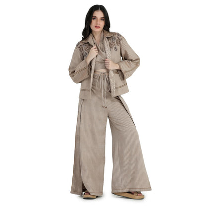 Pinnacle By Shruti Sancheti Beige Khadi and Jacket with Top, Slit Pant (Set of 3)