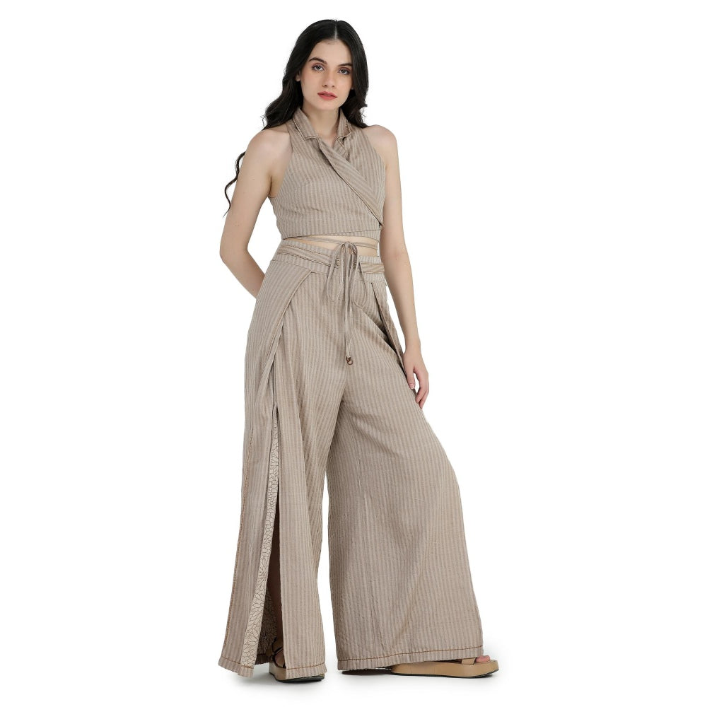 Pinnacle By Shruti Sancheti Beige Khadi and Jacket with Top, Slit Pant (Set of 3)